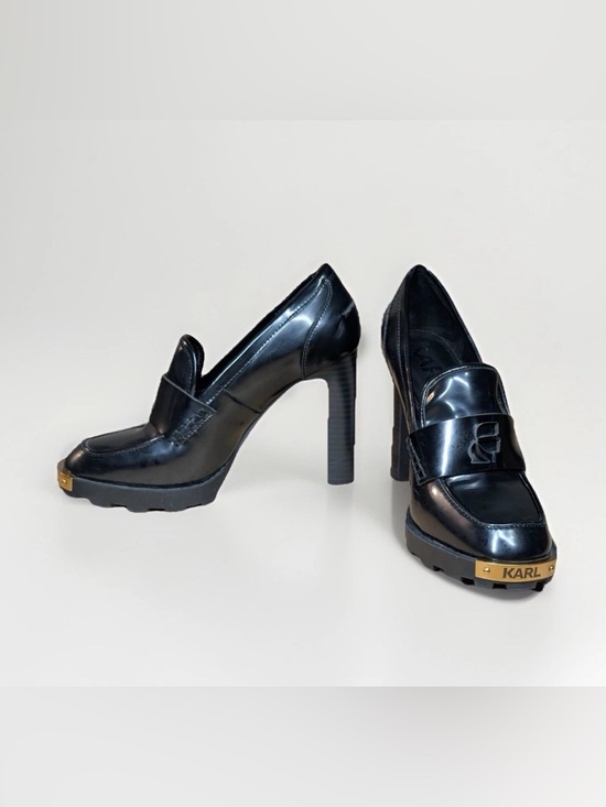 Karl Lagerfeld Shoes - Karl Lagerfield Women's High Heel Pumps Loafers Chunky Black & Gold Logo Sz 8.5M